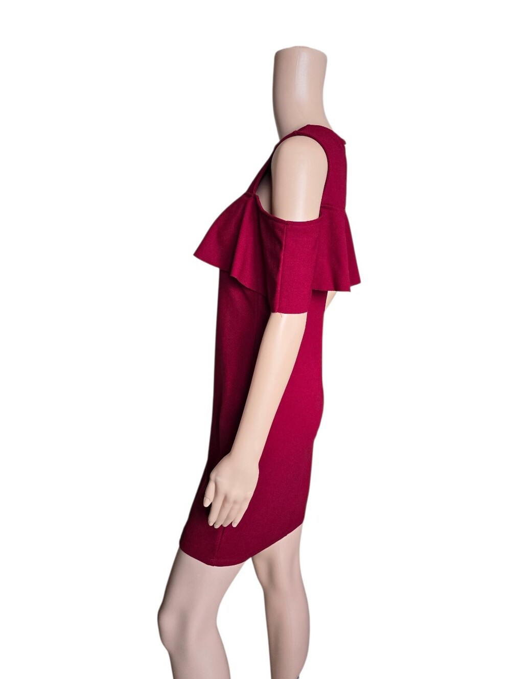 Cold-Shoulder Ruffle Sheath Dress in Deep Red - Picture 11 of 16